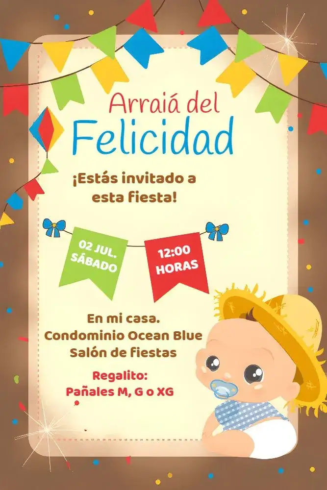 Invitación San Juan Arraiá Amarillo – tema Fechas Conmemorativas colorido, junino, tradicional, festivo, alegre