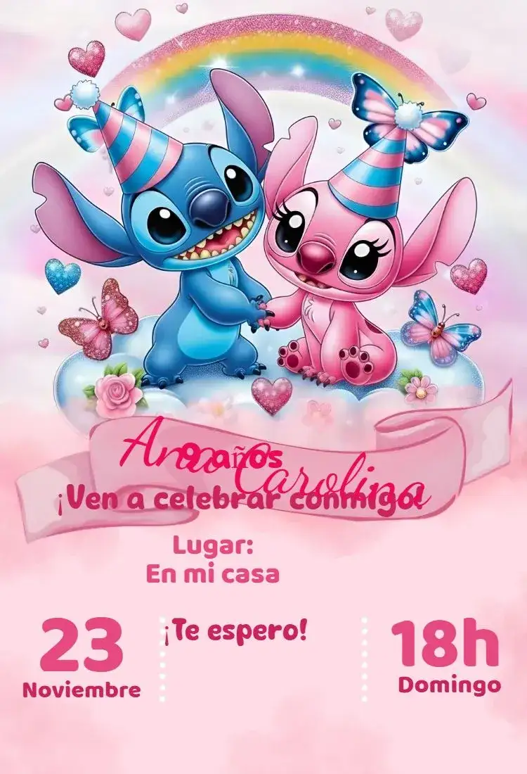 Invitación invitación digital de Stitch y Angel – tema Cumpleaños kawaii, colorido, moderno, divertido, infantil, delicado