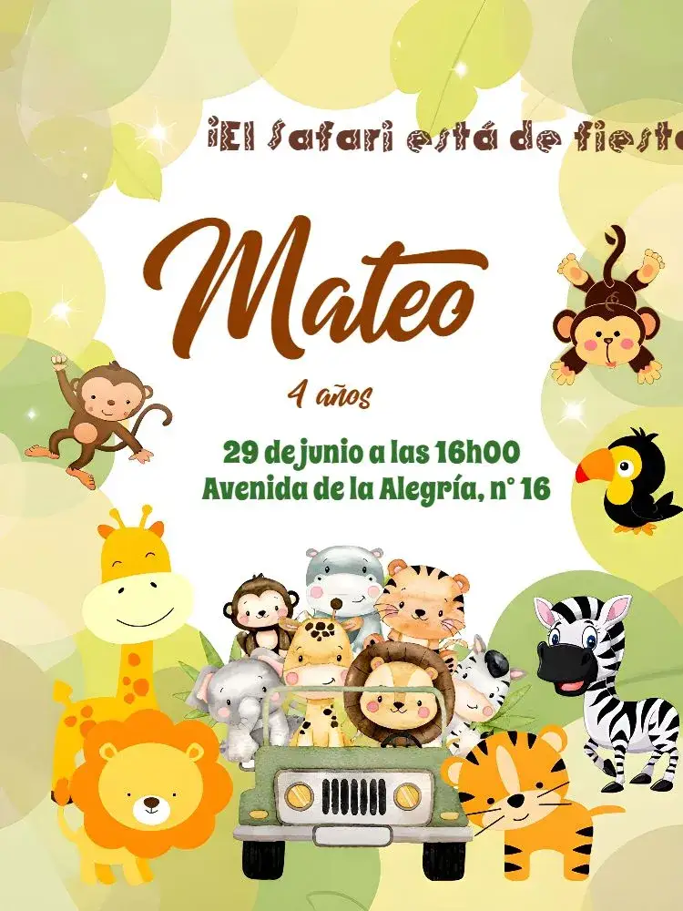 Invitación Safari Jeep Blanco – tema Más buscados tropical, aventura, naturaleza, divertido, colorido
