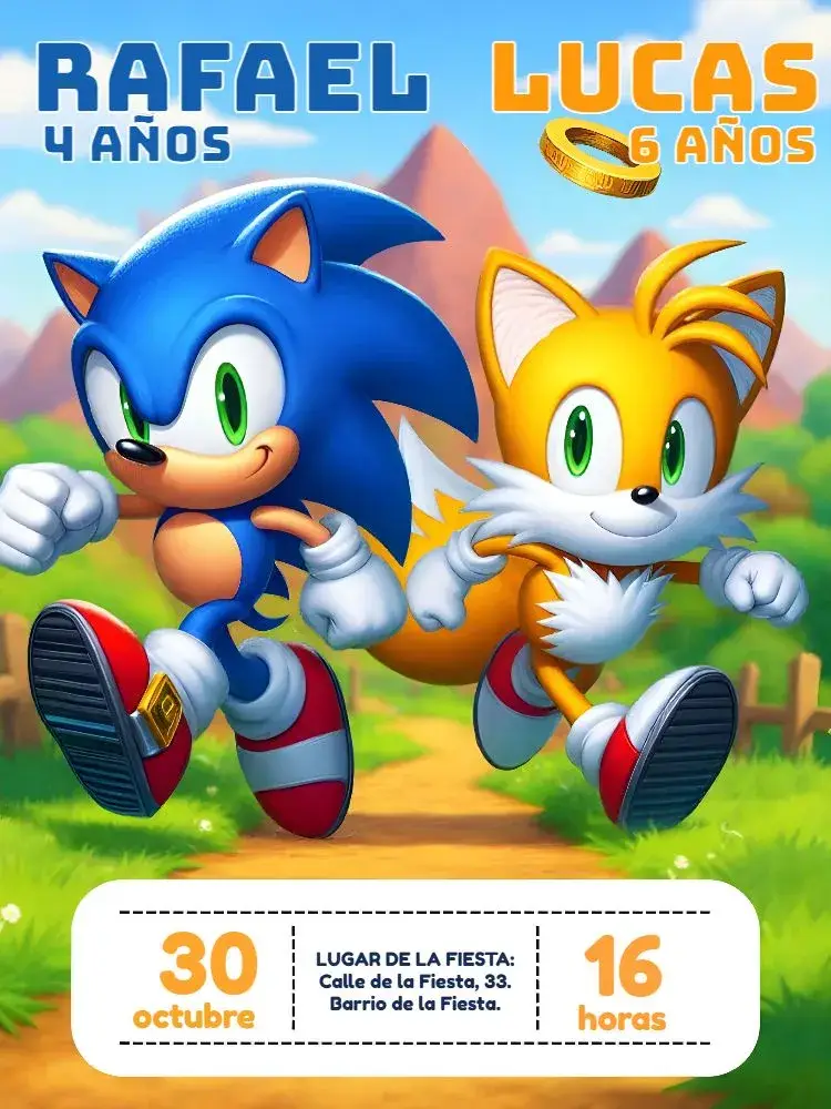 Invitación Doble Sonic y Tails Niño