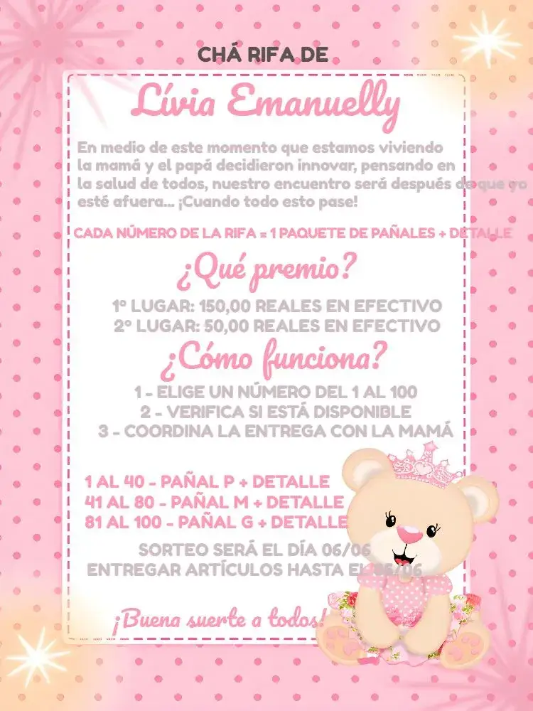 Invitación Té Rifa Osita Princesa 1 – tema Té Rifa rosa y gris, ilustración de osita, estilo delicado, fiesta infantil, tema princesa, toques neutros