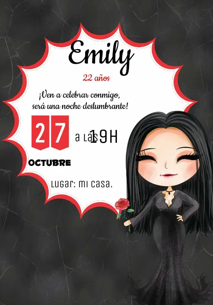 Invitación Morticia Addams Chica – tema Cumpleaños gótico, lindo, oscuro, vintage, temático, moderno