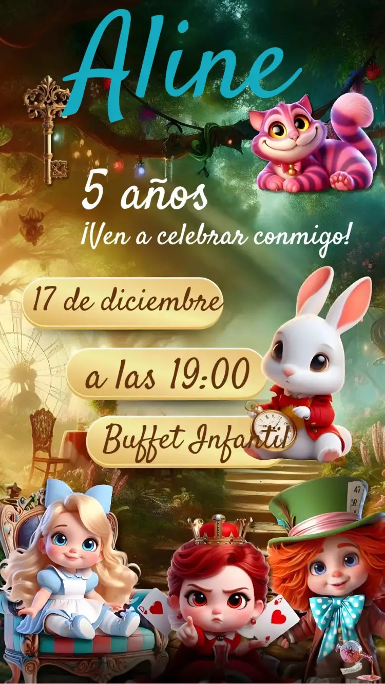 Invitación Alicia en el país de las Maravillas – tema Cumpleaños Infantil mágico, colorido, fantasía, vintage, ilustración, lúdico