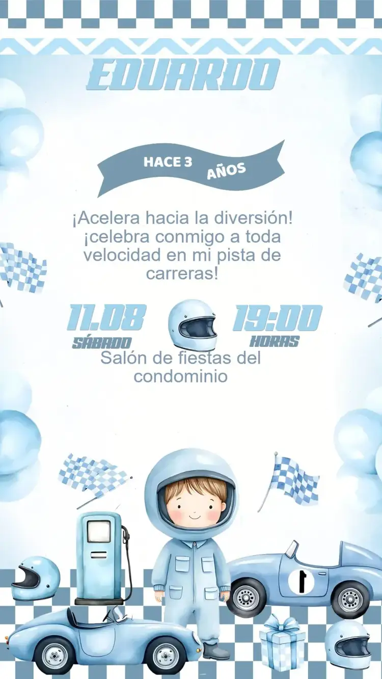 Invitación Invitación Cumpleaños Fórmula 1 – tema Cumpleaños Infantil colores vibrantes, estilo deportivo, elementos gráficos de carreras, diseño dinámico, inspirado en autos de carrera, tema velocidad