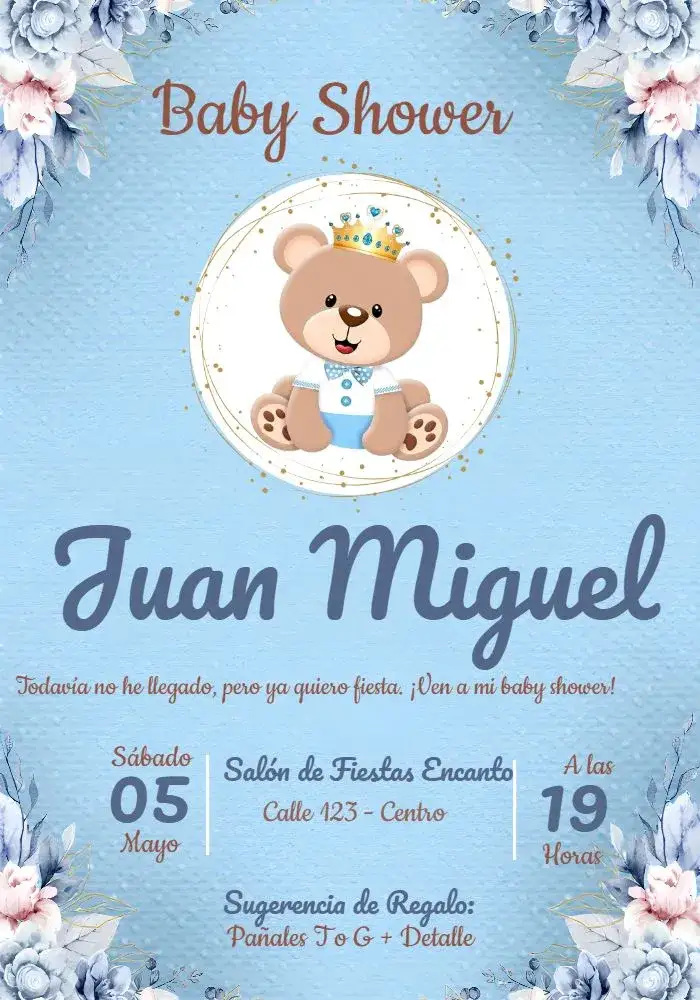 Invitación Baby Shower Príncipe Oso Niña – tema Baby Shower floral, rosa, dorado, infantil, moderno, oso