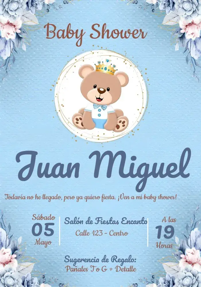 Invitación Baby Shower Príncipe Oso Niña
