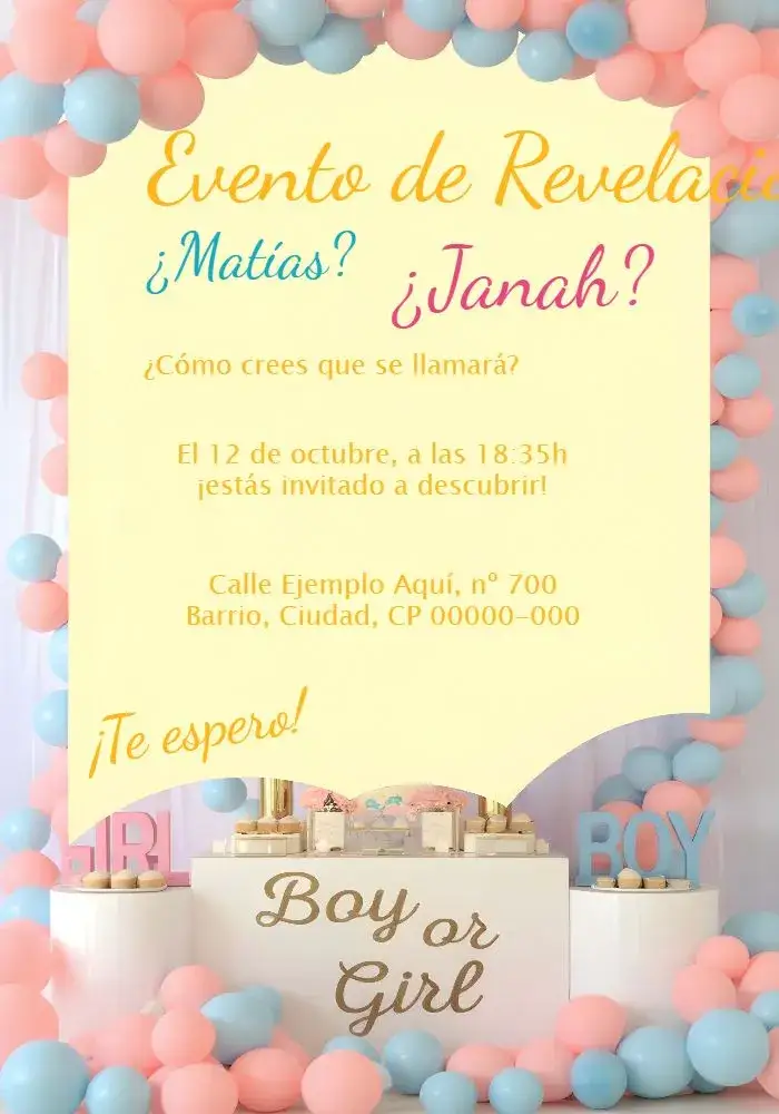 Invitación Chá Revelación Niño o Niña Celebración – tema Revelación Bebé moderno, colorido, infantil, brincalhão, alegre, minimalista