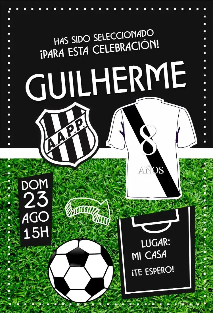 Invitación Camiseta negra de Ponte Preta – tema Cumpleaños fútbol, moderno, blanco y negro, deportivo, minimalista, juvenil