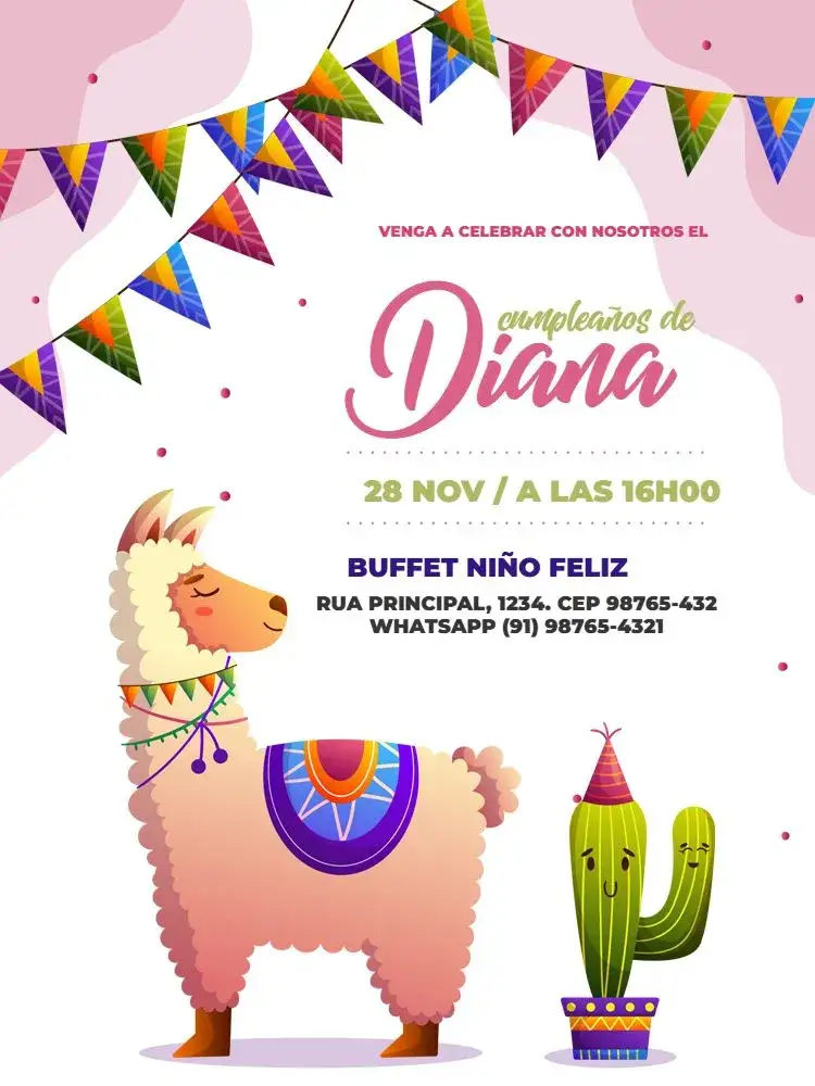 Invitación Infantil Lhama Bandera Celebración – tema Cumpleaños Infantil boho, lúdico, colorido, moderno, inspirado en la naturaleza, divertido