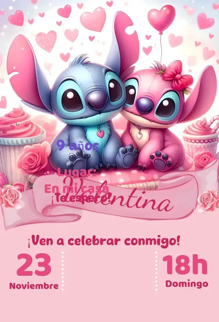 Invitación invitación digital de Stitch y Angel – tema Cumpleaños colorido, kawaii, moderno, fofo, delicado