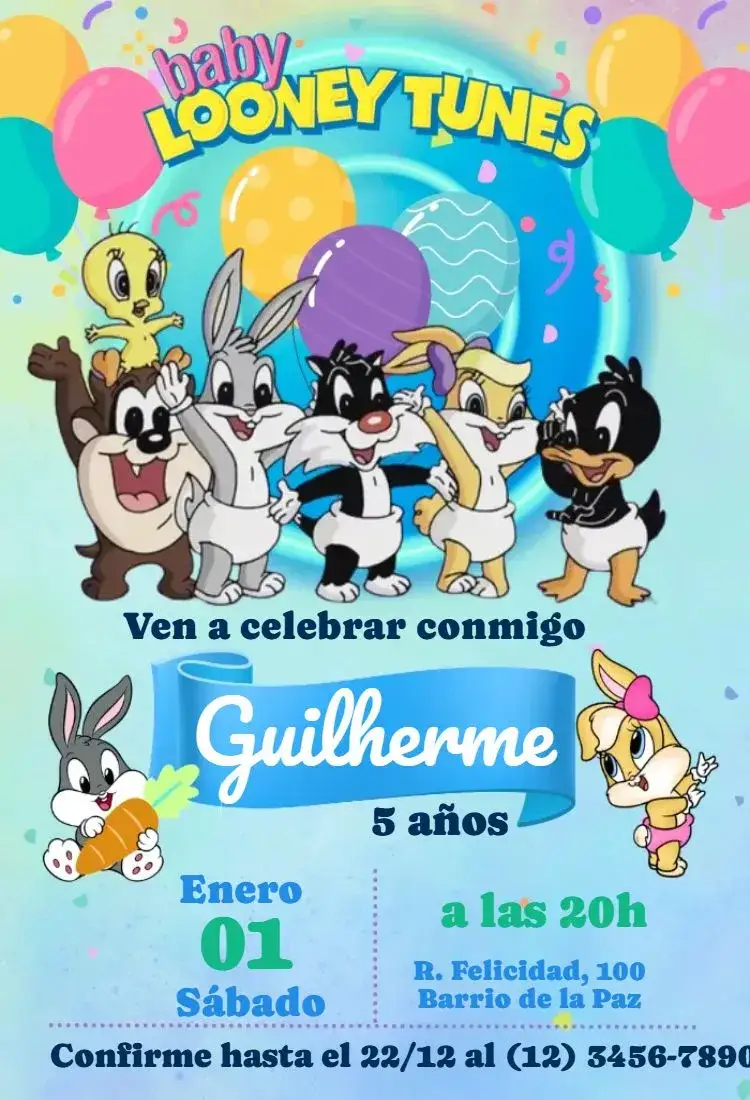Invitación Looney Tunes Baby – tema Más buscados colorido, lúdico, infantil, divertido, temática de desenhos animados