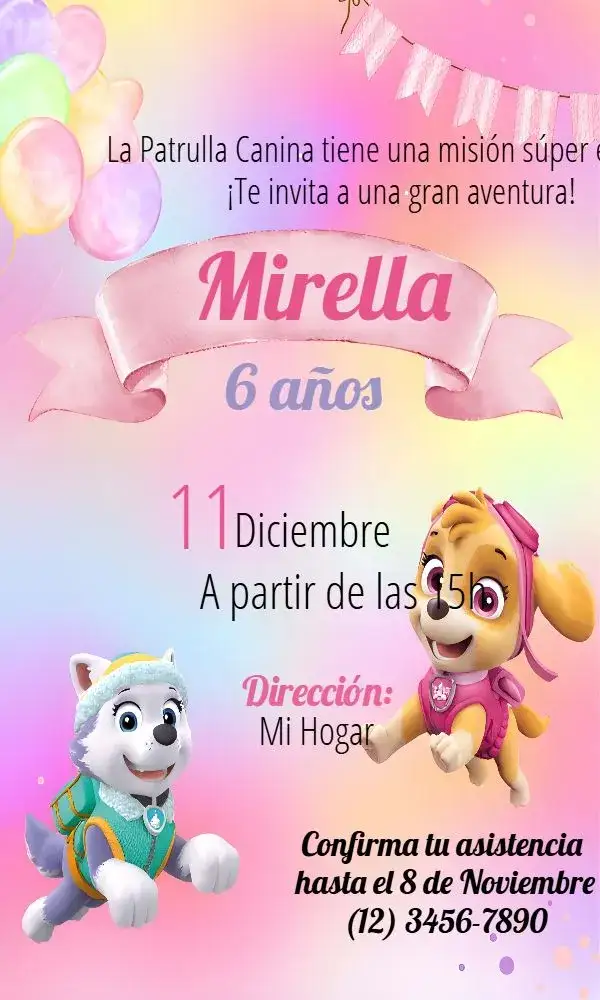 Invitación Patrulla Canina Rosa – tema Cumpleaños Infantil rosa, lila, divertido, infantil, colorido, temático