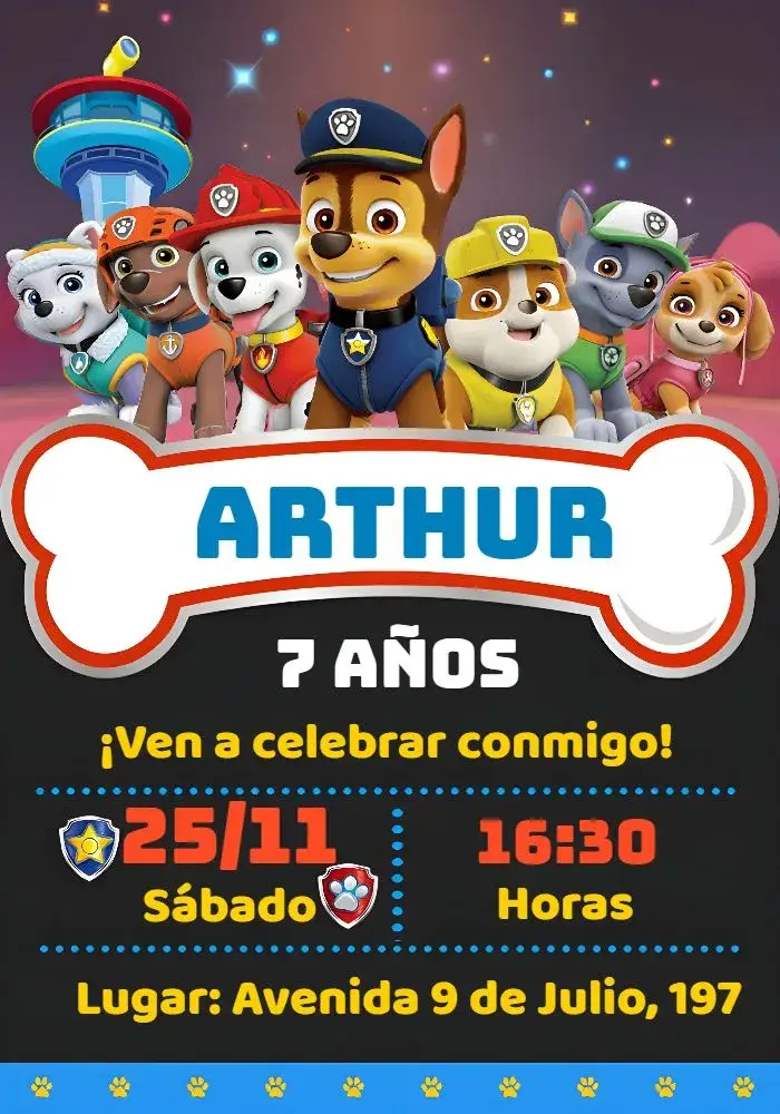Invitación Patrulla Canina Marshall editable y personalizable
