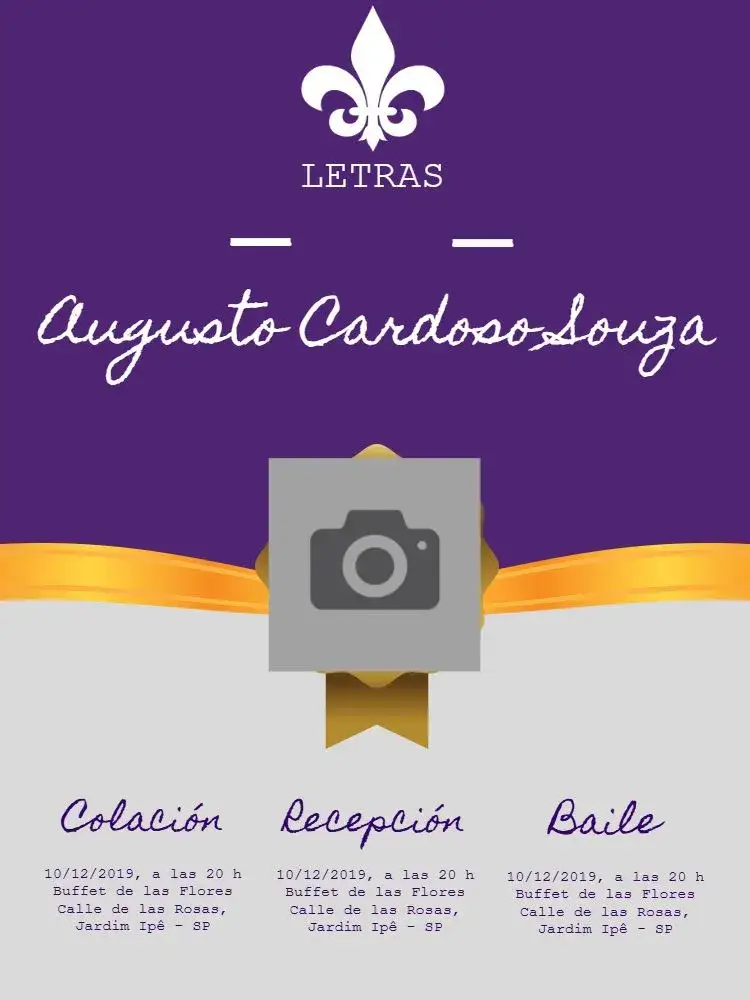 Invitación Graduación Letras Con Foto Profesor – tema Graduación morado, blanco, dorado, moderno, elegante, personalizado