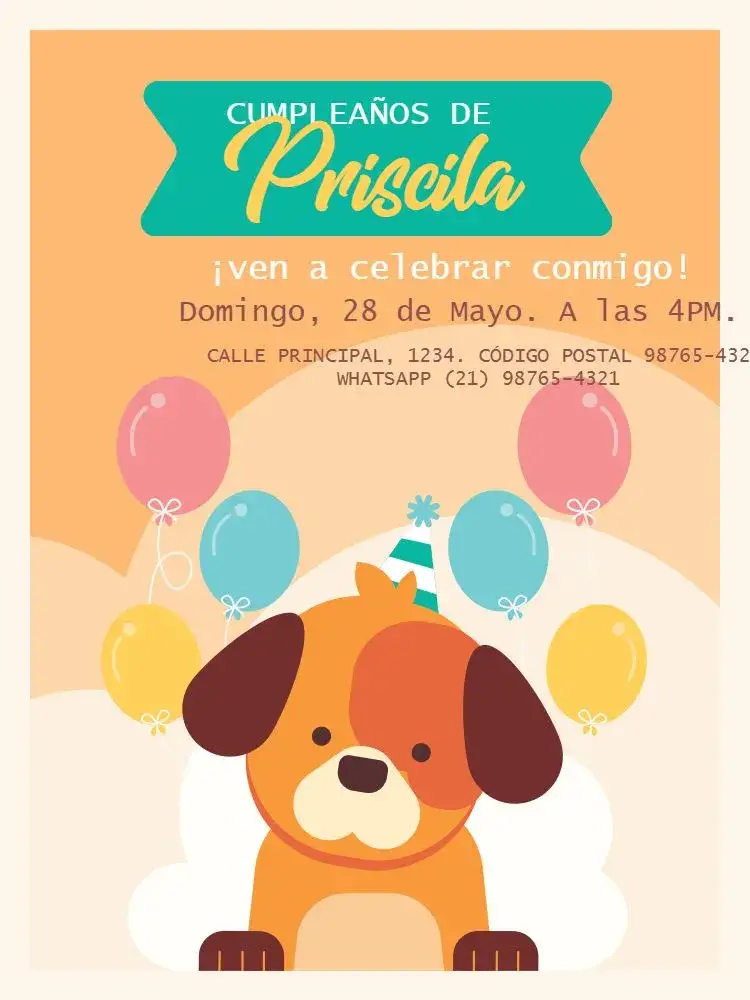 Invitación Perro Naranja Confraternización – tema Cumpleaños Infantil lúdico, colorido, infantil, divertido, alegre, delicado