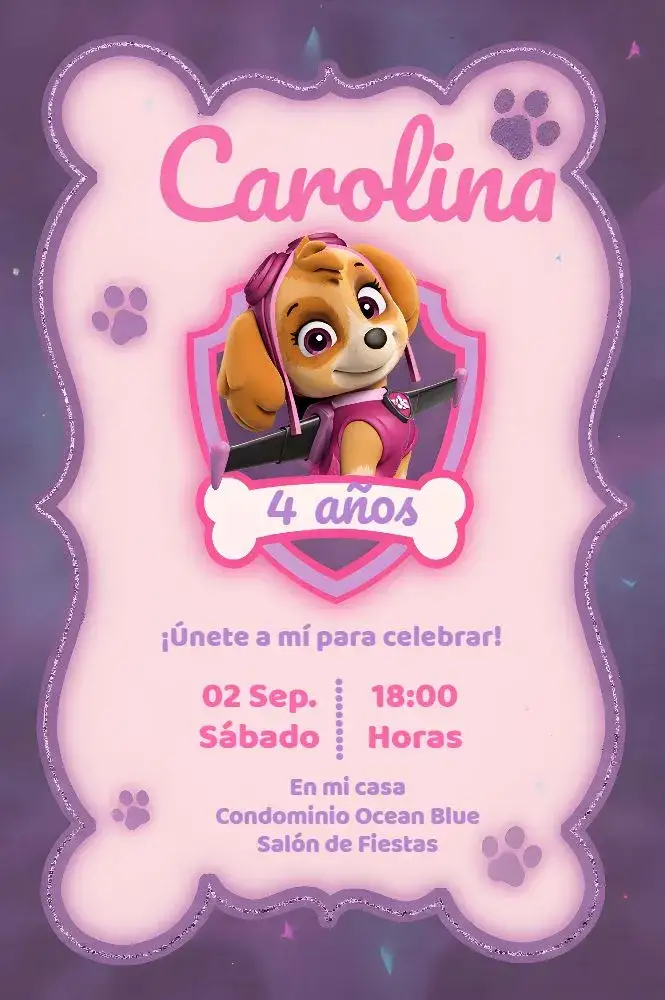Invitación Patrulla Canina Patrulla Rosa – tema Cumpleaños Infantil rosa, lila, blanco, divertido, infantil, temático