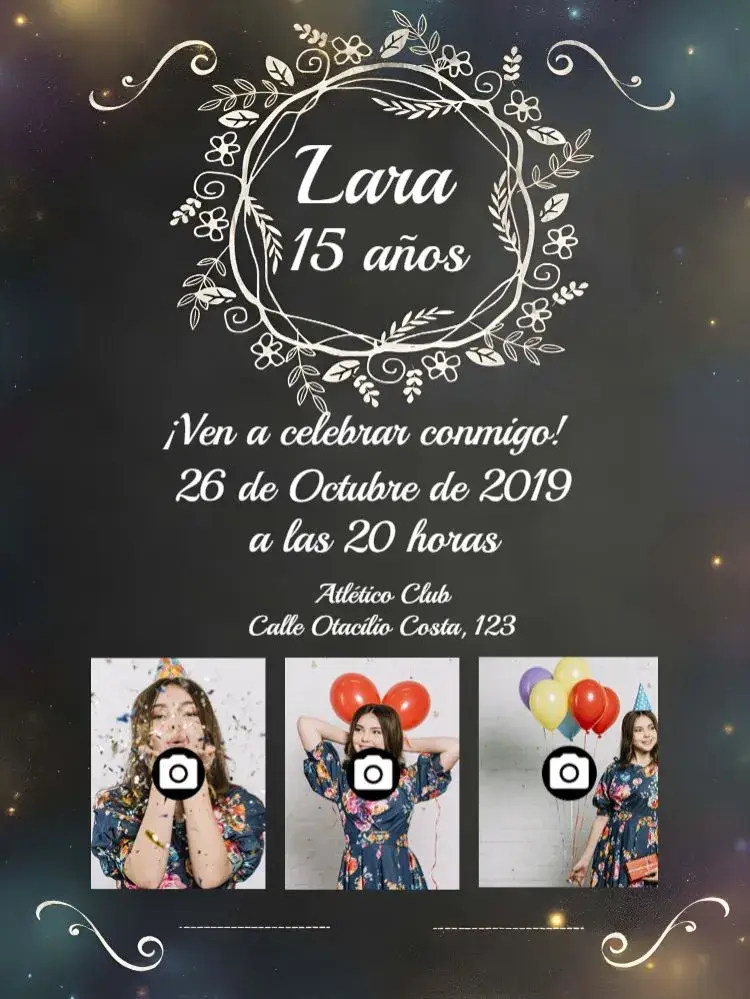 Invitación 15 Años Pizarra con Fotos en Negro