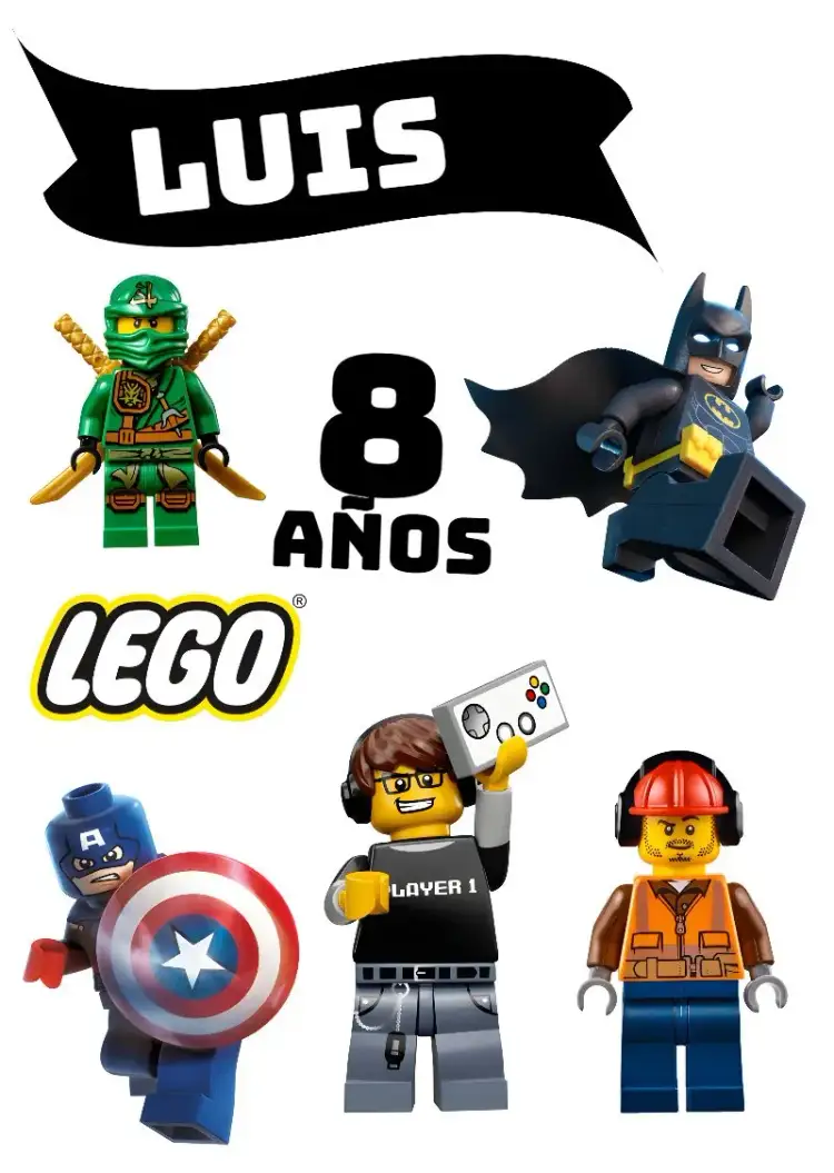 Invitación Topper De Pastel Lego Games – tema Topper de torta colorido, divertido, moderno, gamer, inspirado en Lego, temático