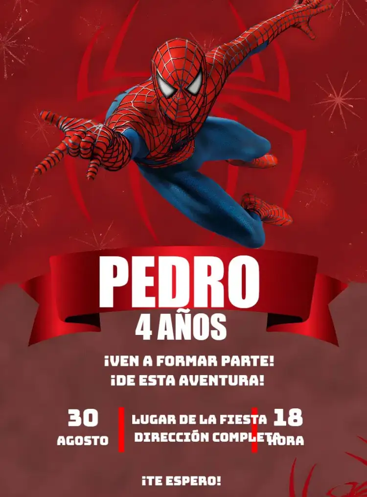 Invitación Hombre Araña Rojo – tema Más buscados rojo, negro, telarañas, superhéroe, moderno