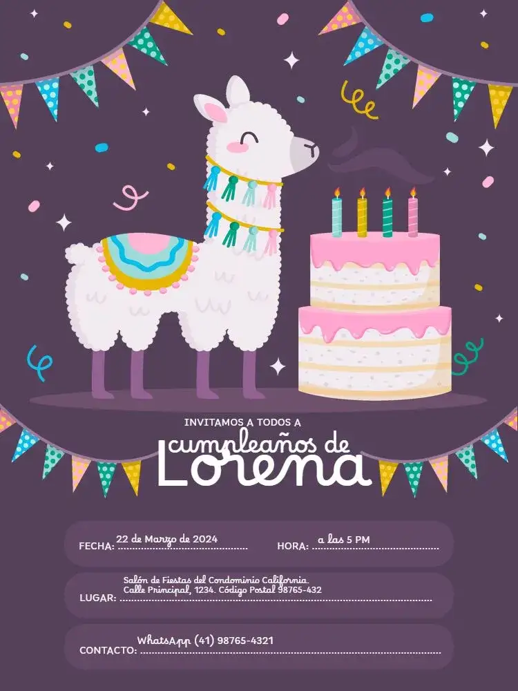 Invitación Infantil Lhama Púrpura Animal – tema Cumpleaños Infantil colorido, lúdico, moderno, animal, temática festiva, roxo