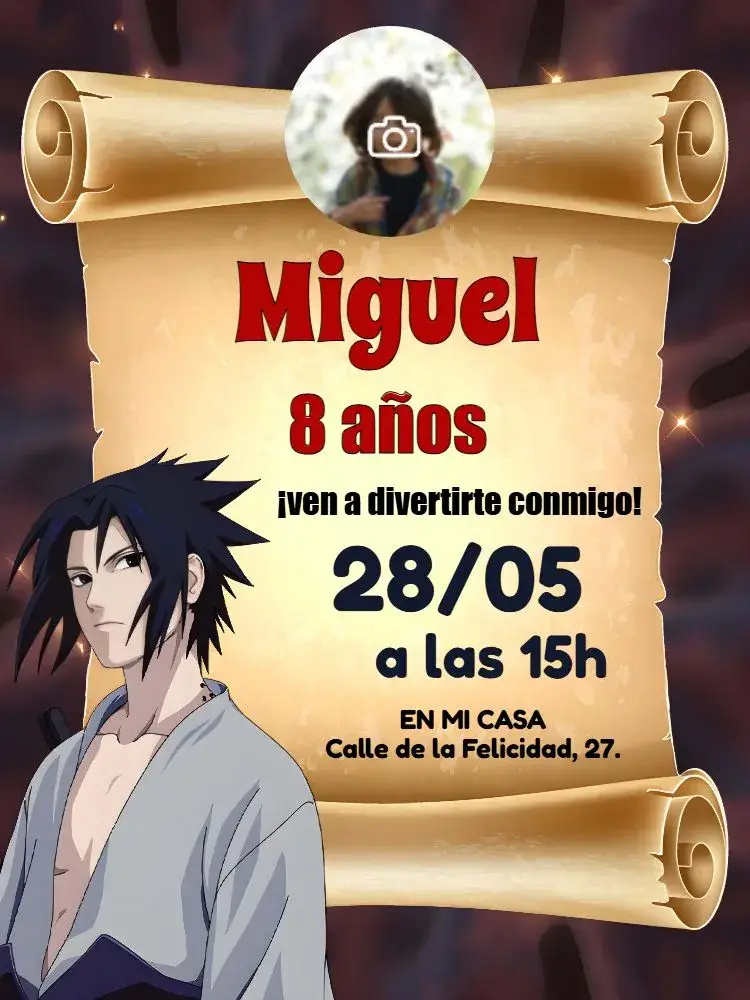 Invitación Sasuke Uchiha Con Foto Ninja