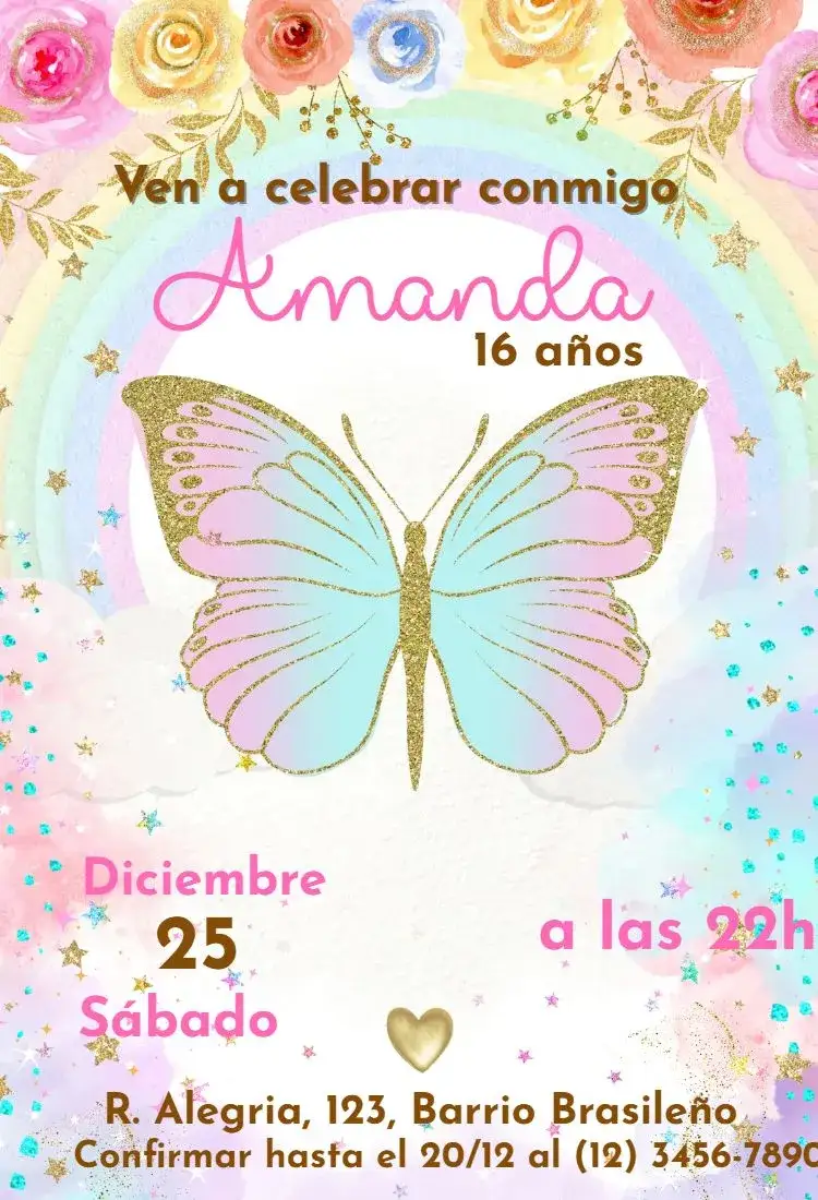Invitación Mariposa Floral – tema Cumpleaños floral, rosa, brillante, moderno, delicado, colorido
