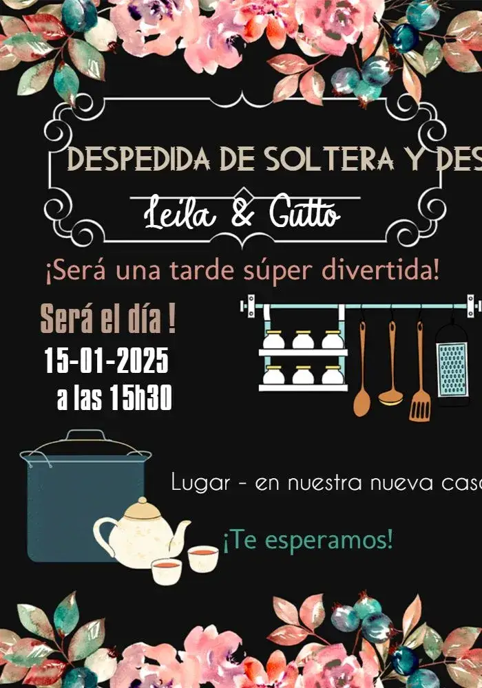Invitación Despedida de Soltera Bar Floral – tema Despedida de Soltera floral, rústico, moderno, colorido, descontraído, elegante