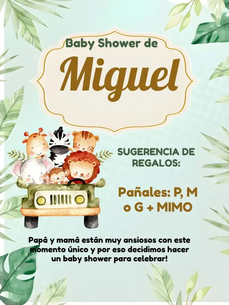 Invitación Baby Shower Safari Blanco – tema Revelación Bebé safari, animales, colores neutros, divertido, lúdico, moderno