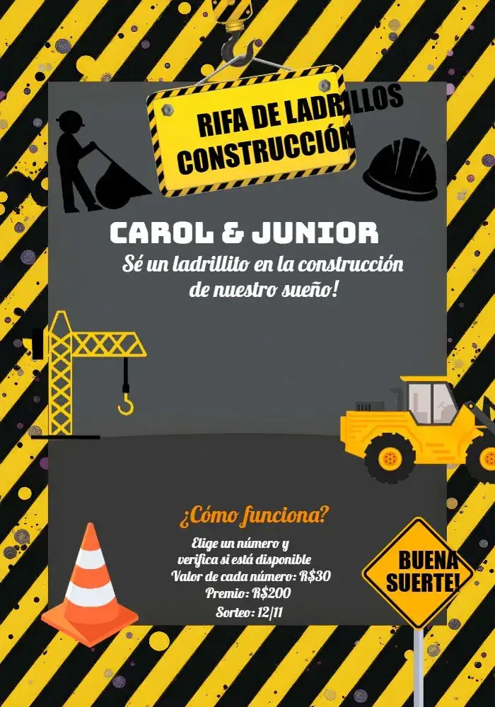 Invitación Té Chá Rifa Solidaria Construcción Trabajando – tema Té Rifa moderno, masculino, elegante, minimalista, negro y amarillo, construcción
