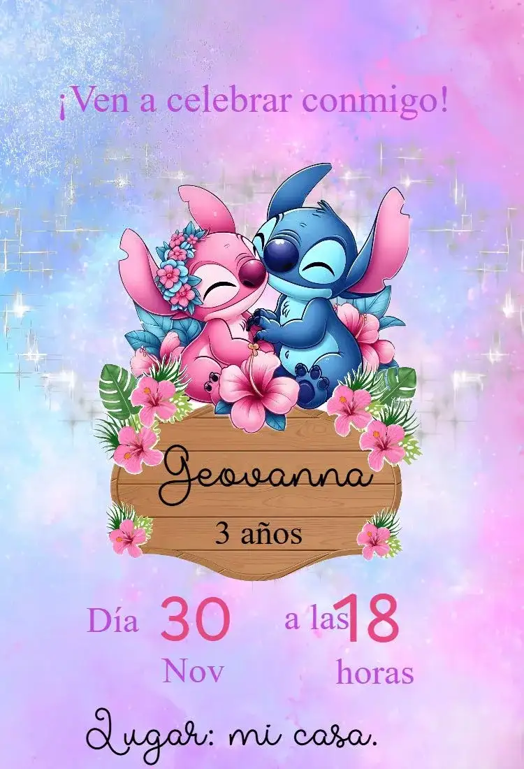 Invitación de cumpleaños de Angel y Stitch