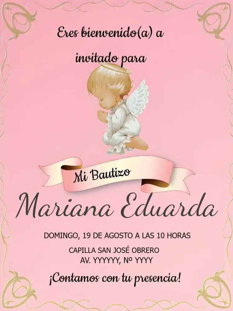 Invitación Bautizo Rosa – tema Bautismo rosa, angelitos, delicado, infantil, minimalista