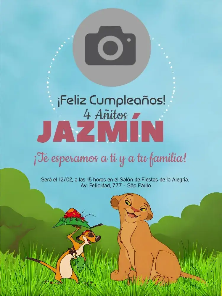 Invitación Rey León Con Foto Simba – tema Cumpleaños Infantil azul, tropical, animales de la sabana, colorido, divertido, infantil