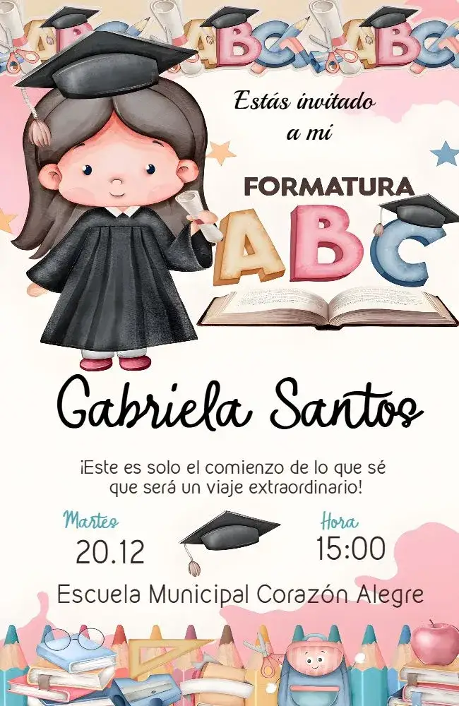 Invitación Graduación Niña Rosa - Infantil Abc Pre – tema Graduación rosa, infantil, lúdico, delicado, colorido, alegre