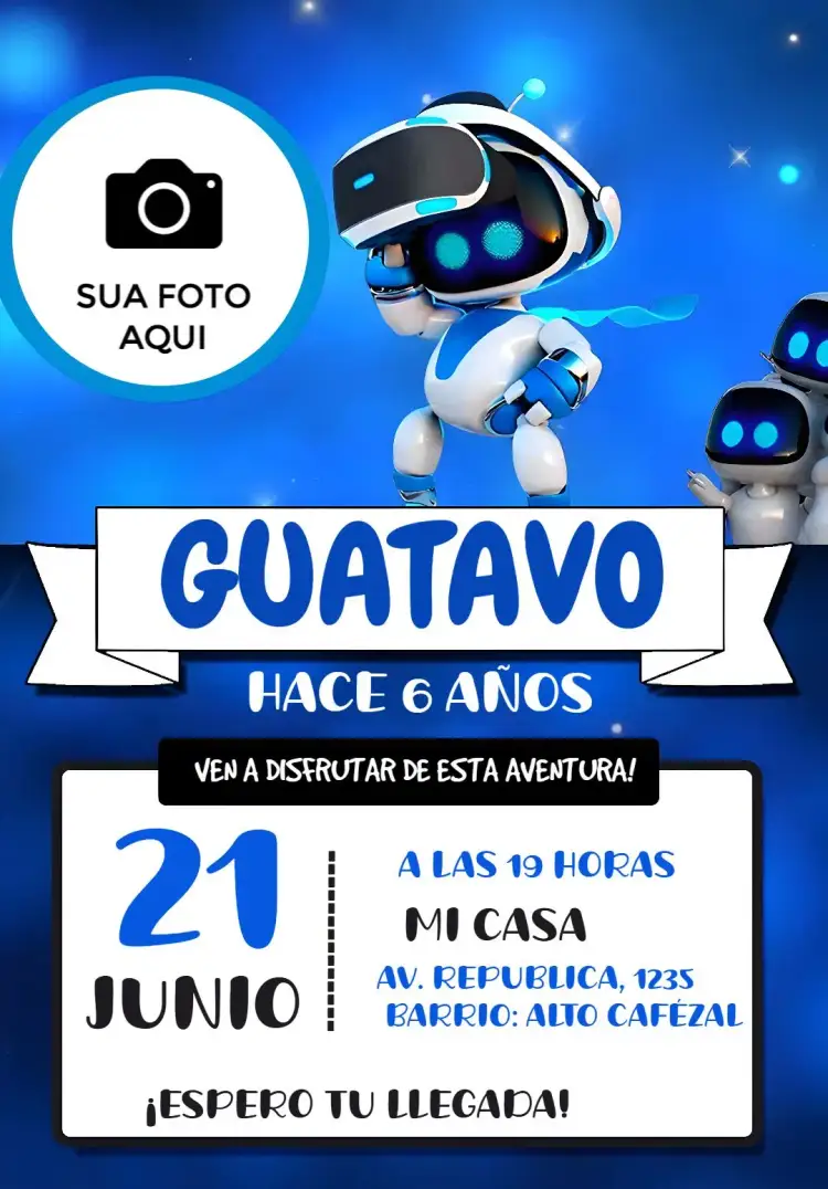 Invitación Astro Bot Con Foto Blanco – tema Más buscados moderno, tecnológico, infantil, colorido, divertido, futurista