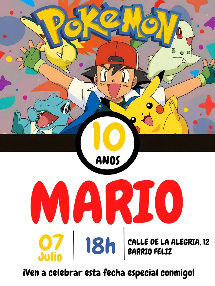 Invitación Pokemon Anime – tema Más buscados colorido, joven, divertido, anime, ilustraciones de personajes, estilo moderno