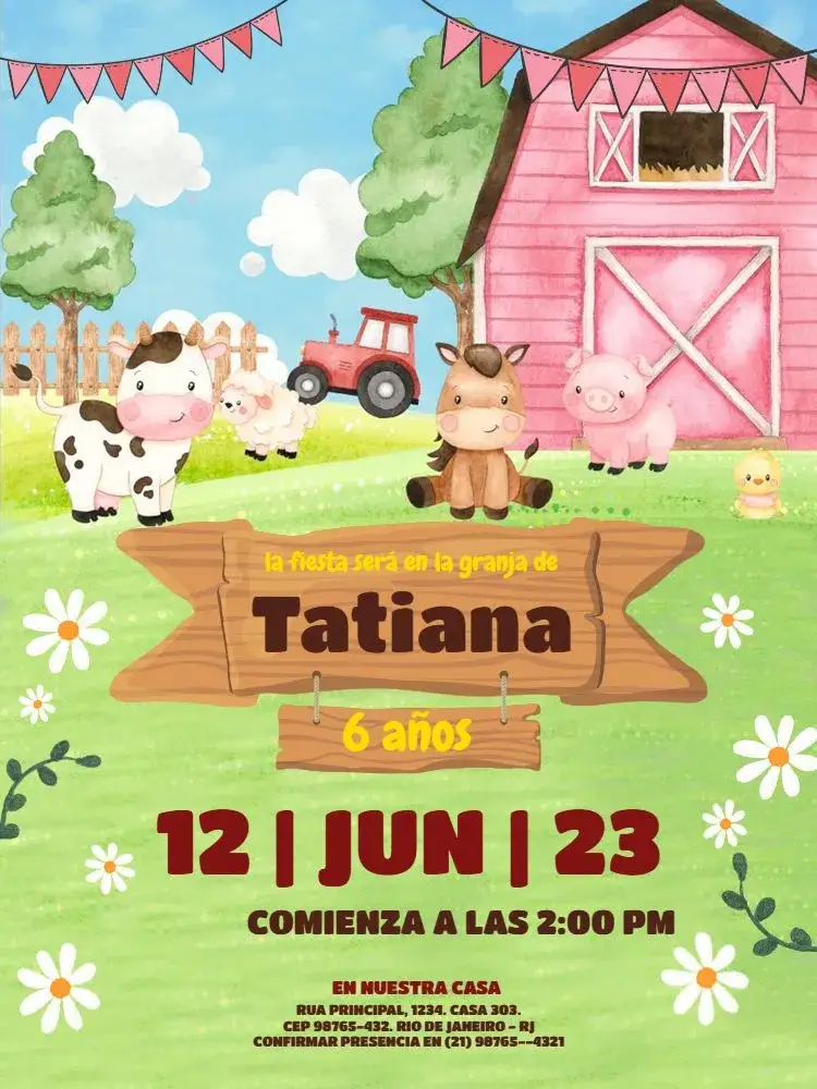 Invitación Granja Virtual Rosa Animal – tema Cumpleaños Infantil lúdico, floral, rural, colorido, aquarela