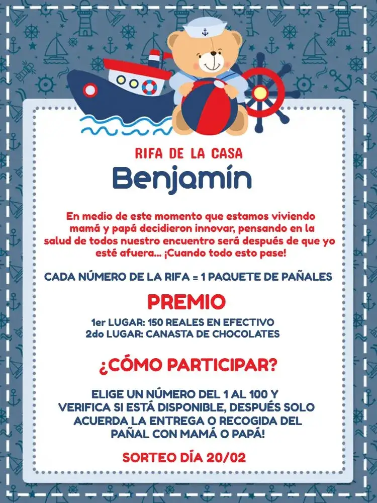Invitación Té Rifa Osito Marinero Cha – tema Té Rifa marinero, tierno, naval, azul y rojo, infantil, ilustración divertida