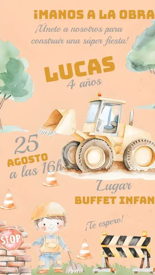 Invitación Construcción Acuarela Tractor – tema Té Rifa acuarela, construcción, infantil, colorido, lúdico