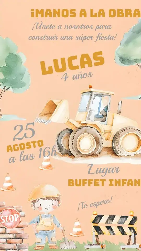 Invitación Construcción Acuarela Tractor
