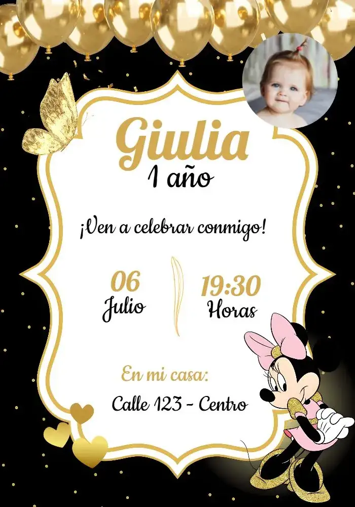 Invitación Minnie Mouse Con Foto 1 – tema Fechas Conmemorativas rojo, negro, polka dots, lujo, delicado, fiesta infantil