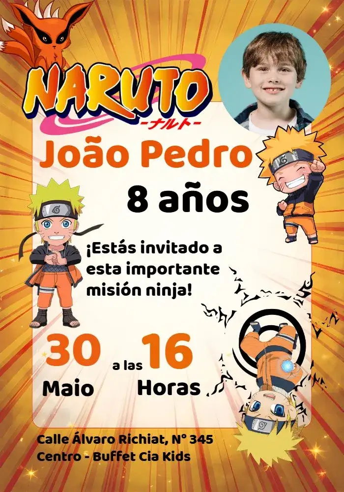 Invitación Naruto Chibi Con Foto Sasuke – tema Cumpleaños Infantil anime, colorido, divertido, jovial, temático, ninja