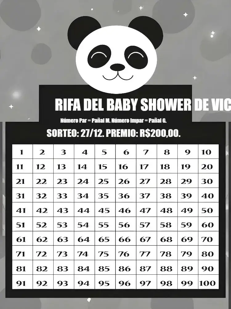 Invitación Té Rifa Panda Blanco – tema Té Rifa moderno, divertido, minimalista, en blanco y negro, animales, rayas