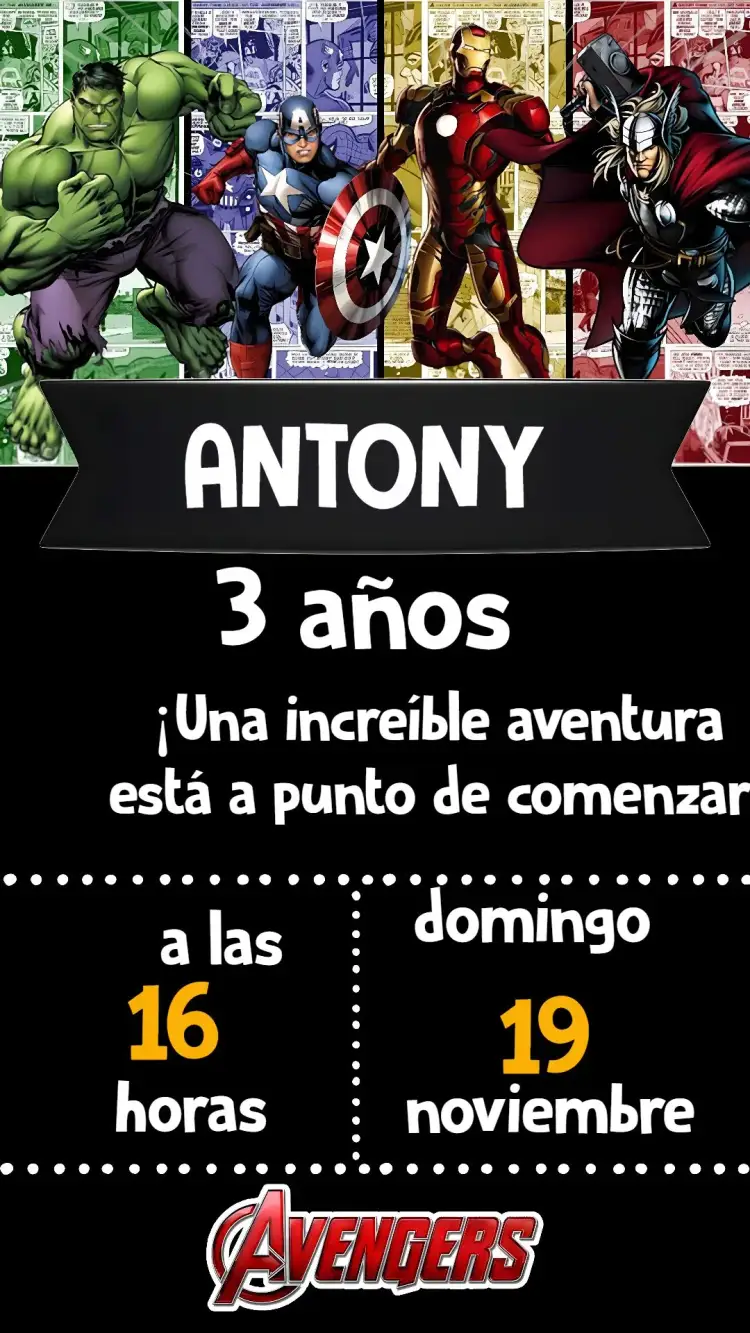 Invitación Los Vengadores – tema Cumpleaños Infantil colorido, moderno, temática de superhéroes, inspirado en cómics, futurista