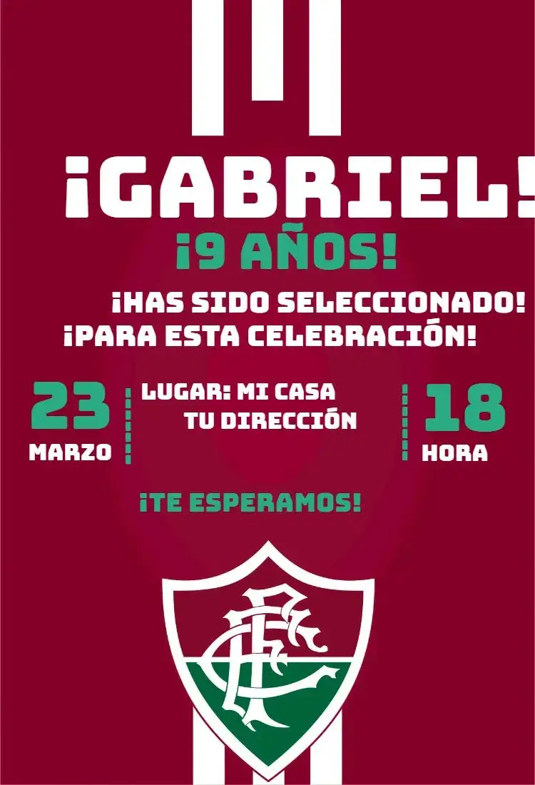 Invitación Fluminense 2 – tema Cumpleaños fútbol, colorido, divertido, joven, moderno