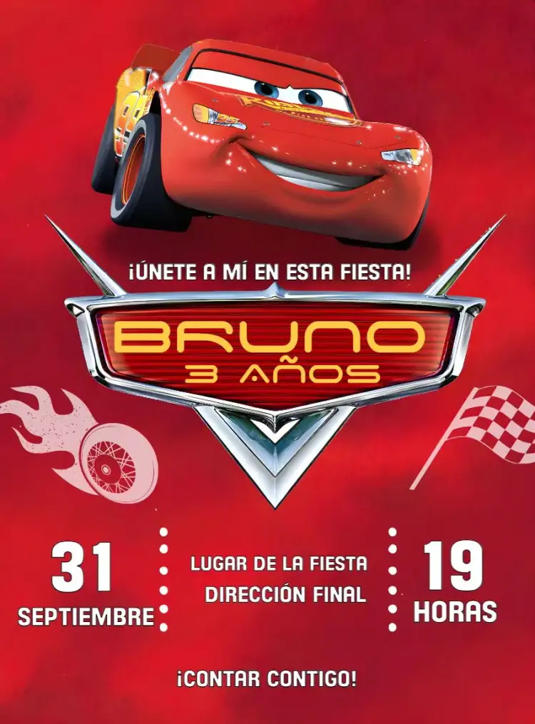 Invitación Relámpago Mcqueen Carros Relámpago – tema Más buscados vibrante, moderno, temático, infantil, colorido, esportivo