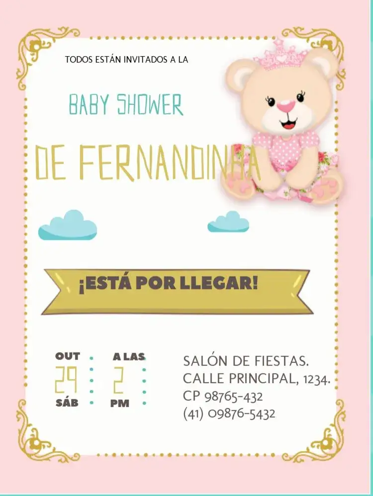 Invitación Tarjeta De Baby Shower Princesa Osita Fiesta – tema Té Rifa delicado, lúdico, dorado, verde claro, fiesta infantil, osita
