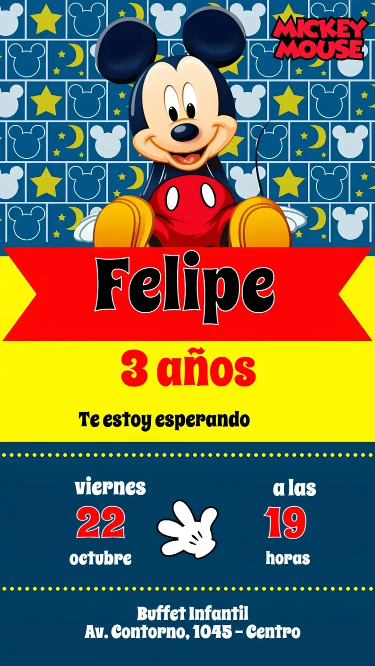 Invitación Mickey – tema Cumpleaños Infantil colorido, divertido, temático, infantil, Disney, brincalhão