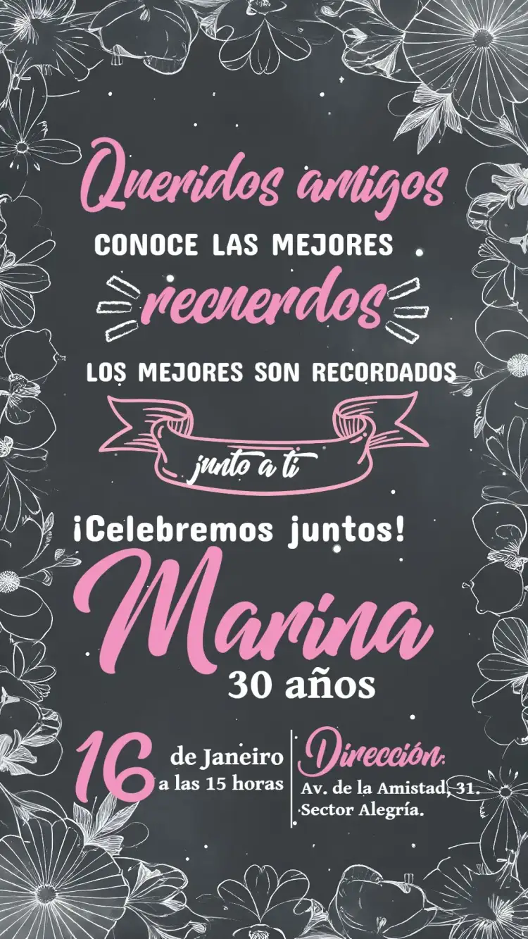 Invitación Chalkboard Bons Amigos - Rosa Floral – tema Cumpleaños floral, pizarra, rosa, moderno, femenino, alegre