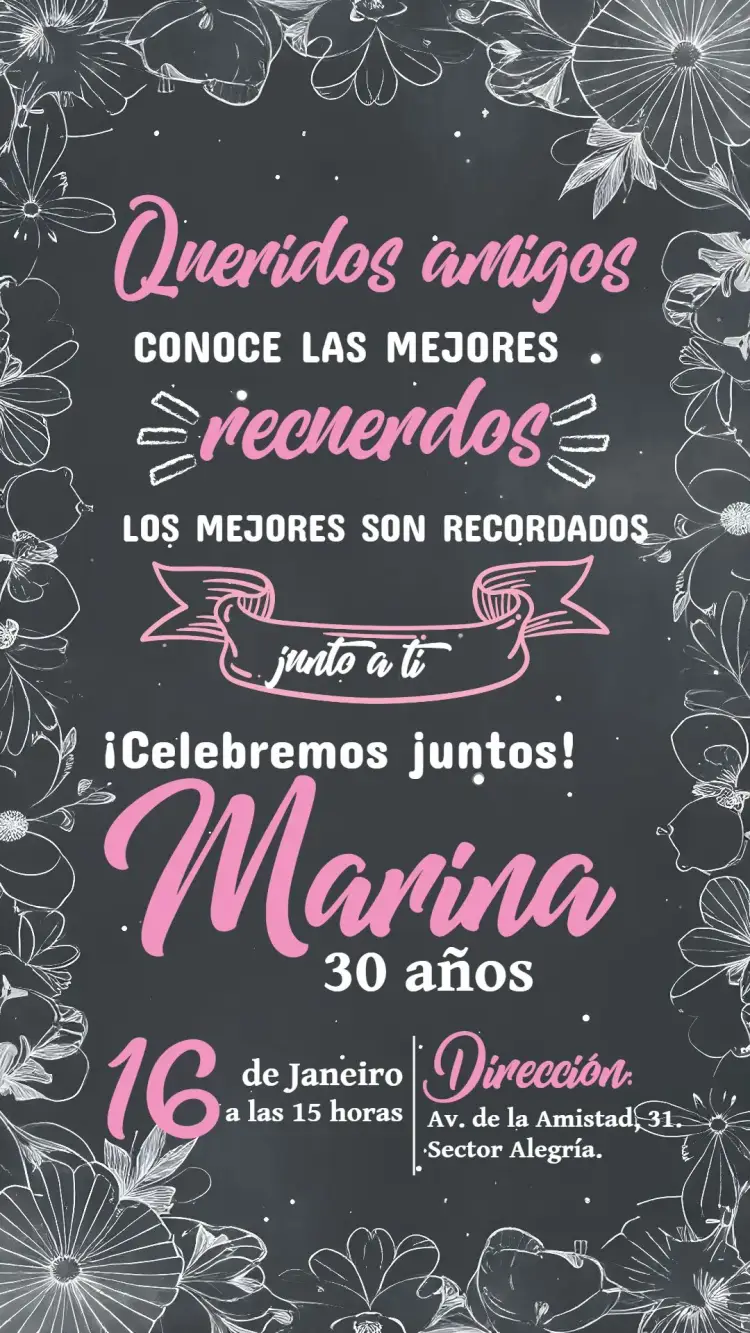 Invitación Chalkboard Bons Amigos - Rosa Floral
