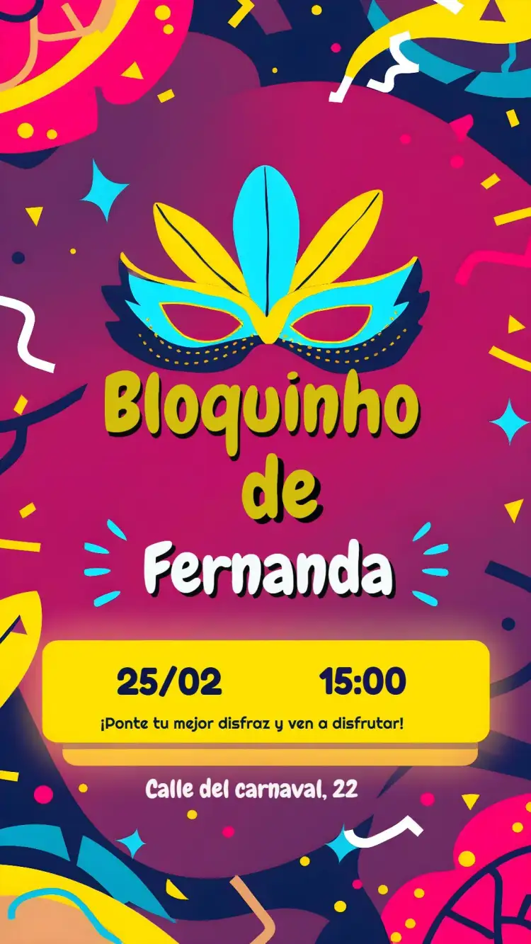 Invitación Carnaval Bloquinho Rosa – tema Fechas Conmemorativas carnaval, colorido, divertido, infantil, moderno, alegre